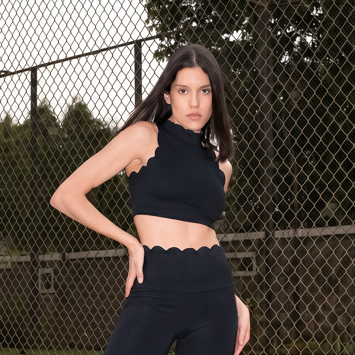 The Scallop High Neck Top in Moon Black