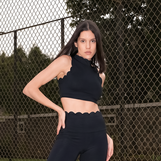 The Scallop High Neck Top in Moon Black