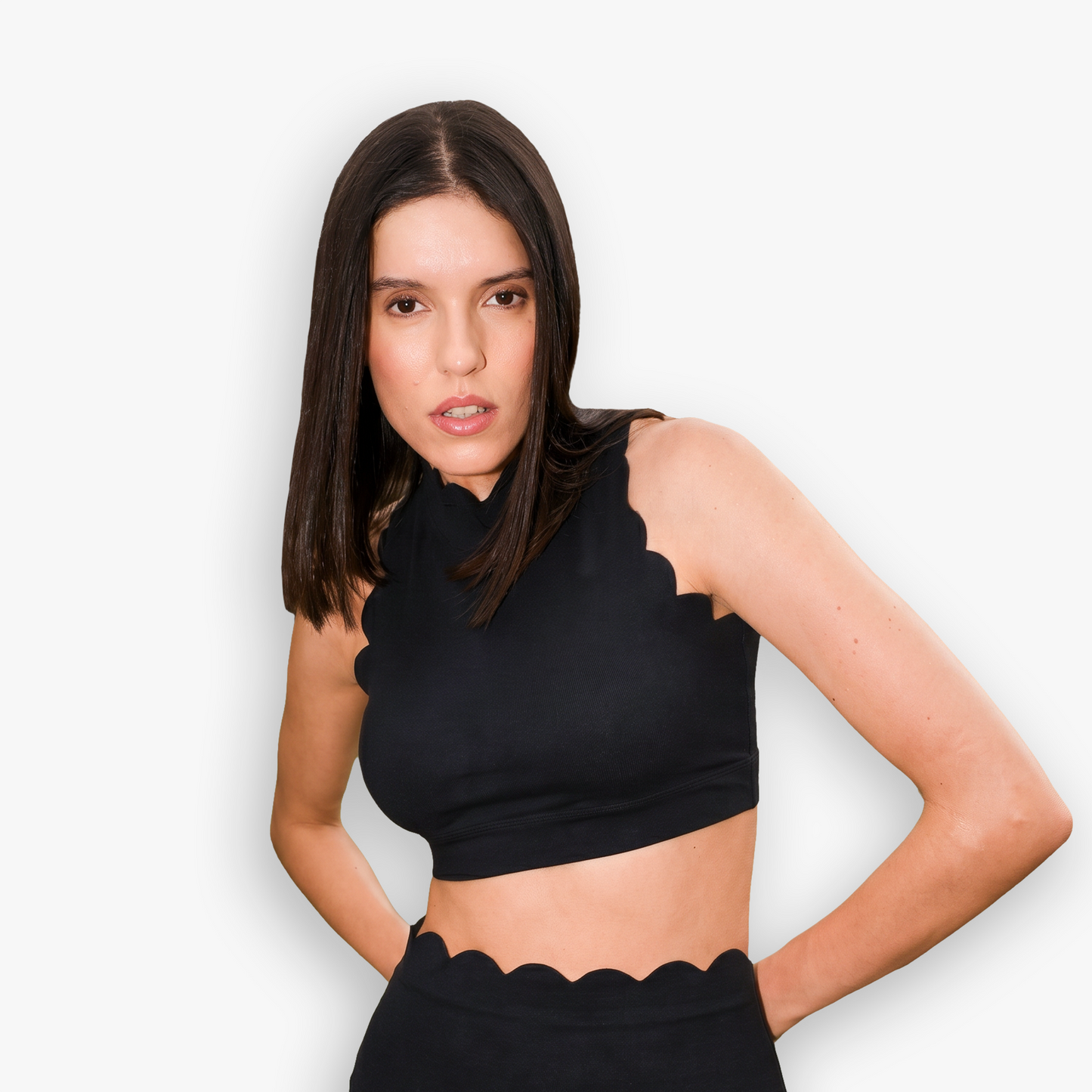 The Scallop High Neck Top in Moon Black