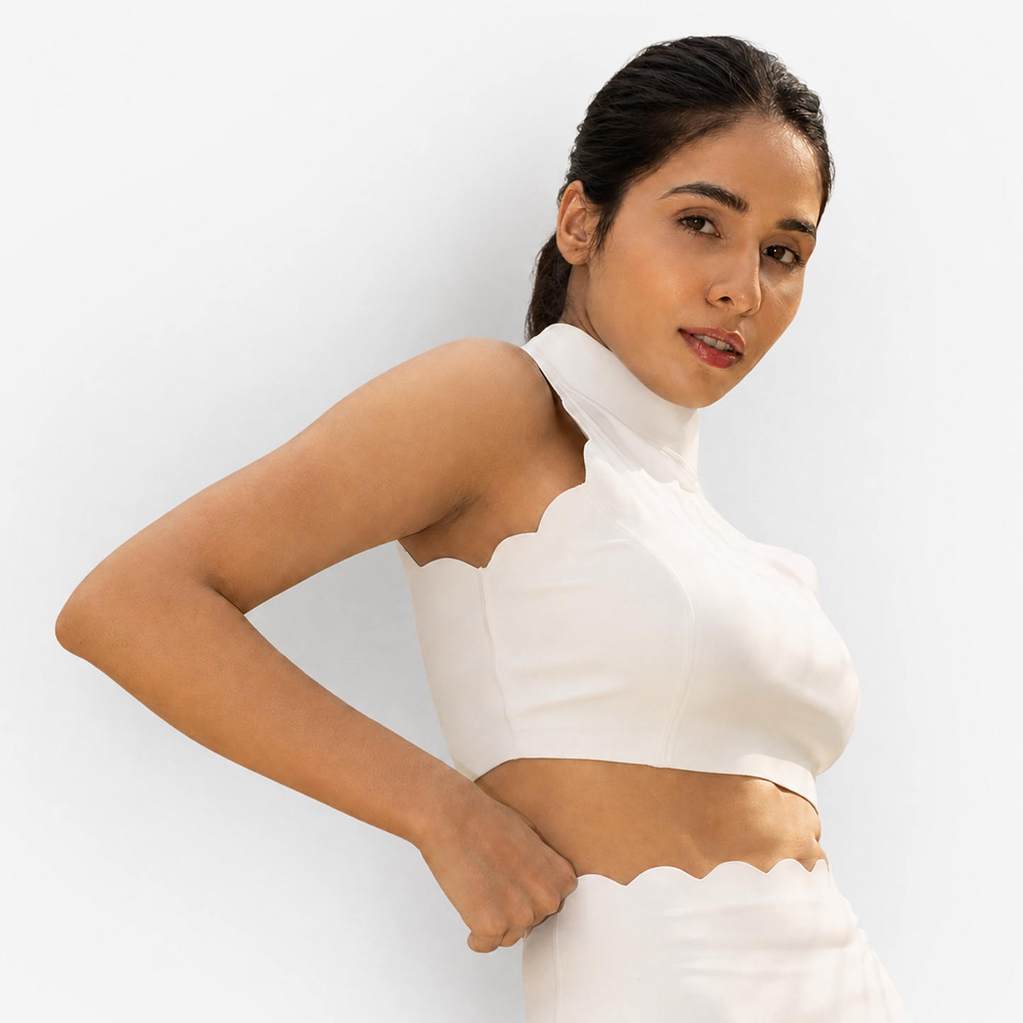 The Scallop High Neck Top in Whispy Cloud