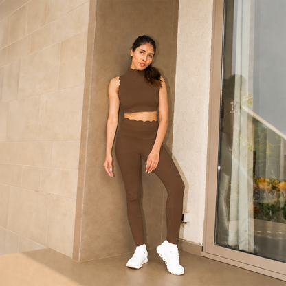 The Scallop High Neck Set in Caramel Brown