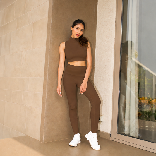The Scallop High Neck Set in Caramel Brown