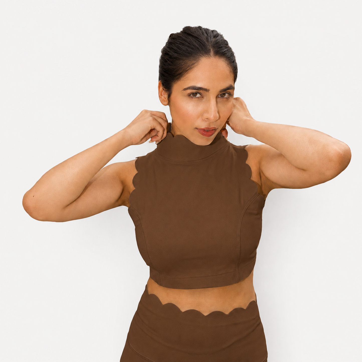 The Scallop High Neck Set in Caramel Brown