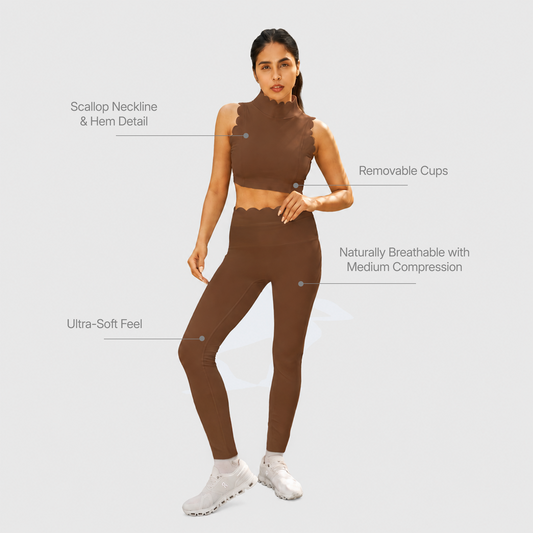 The Scallop High Neck Set in Caramel Brown